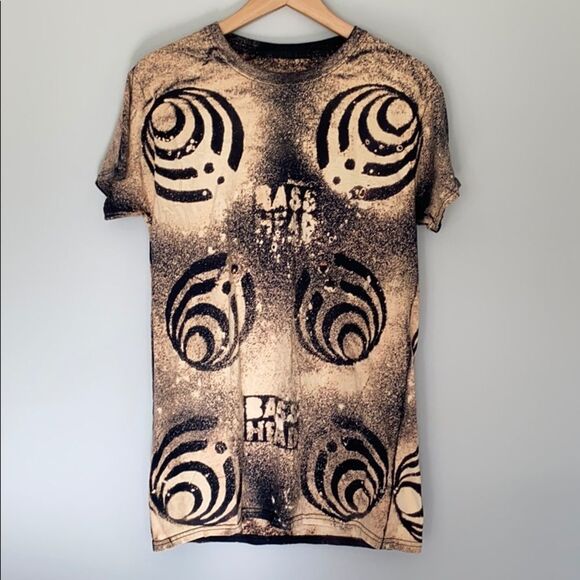 Rare Bass Head Bleached Tie Dye Distressed Tee Shirt Brown Black Festival Top - Picture 1 of 6